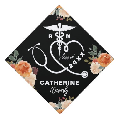 Floral Personalized Nursing School RN Graduation Cap Topper