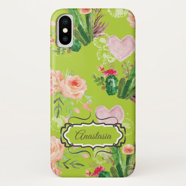 Floral Personalized pastel Green Cactus Case-Mate iPhone Case (Back)