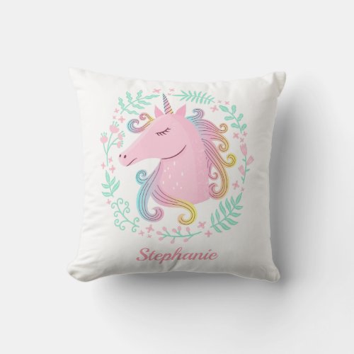 Floral Personalized Rainbow Unicorn Throw Pillow