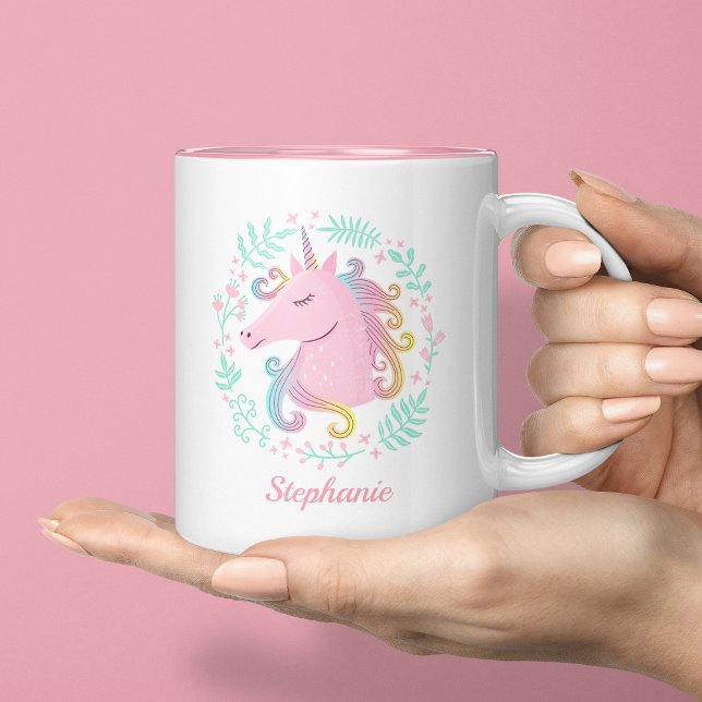 Floral Personalized Rainbow Unicorn Two-Tone Coffee Mug (Creator Uploaded)