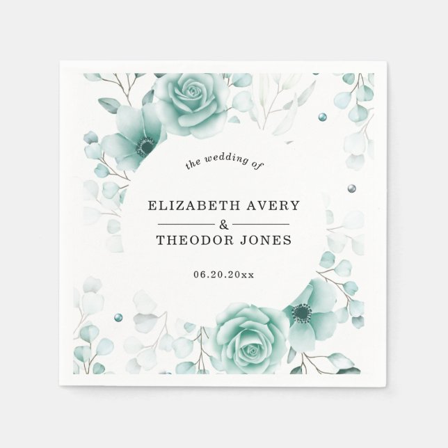 Floral Personalized sage greens Wedding Napkins (Front)