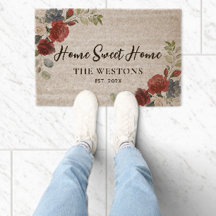 Floral Personalized Script Family Name Fiber Doormat