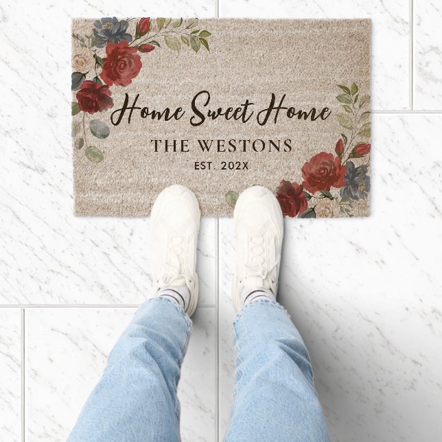 Floral Personalized Script Family Name Fiber Doormat (Insitu)