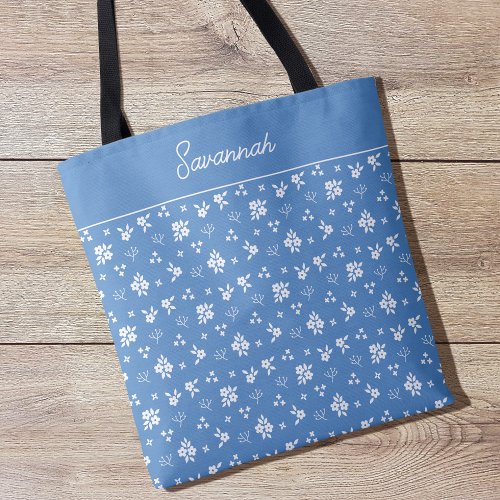 Floral Personalized Stylish Casual Blue Printed Tote Bag
