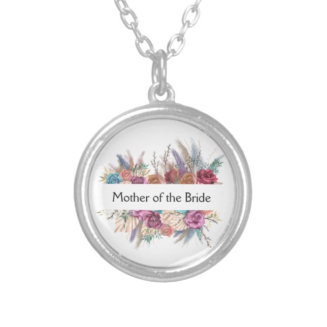 Floral Personalized Trendy Wedding Bridal Party  Silver Plated Necklace (Front)