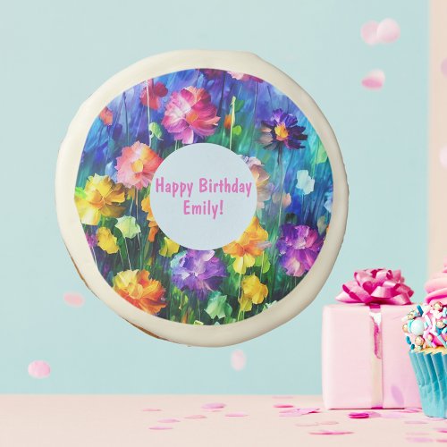 Floral Personalized Watercolor Birthday Sugar Cookie