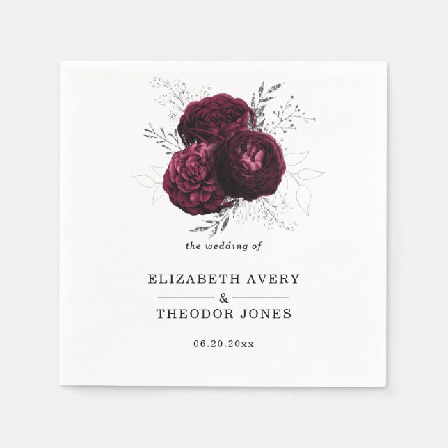 Floral Personalized  Wedding Burgundy Napkins (Front)