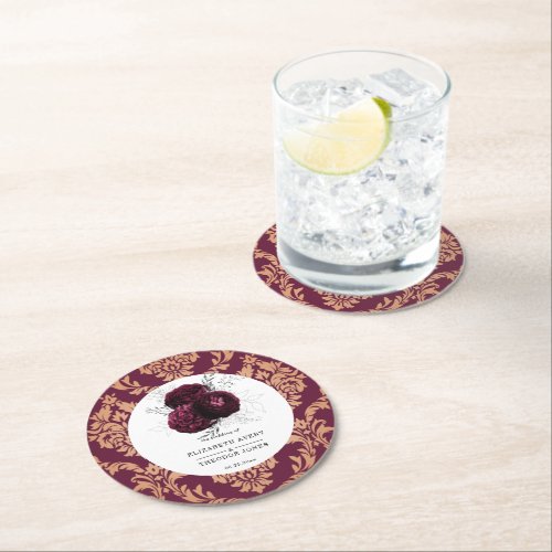 Floral Personalized  Wedding Burgundy Napkins Pape Round Paper Coaster