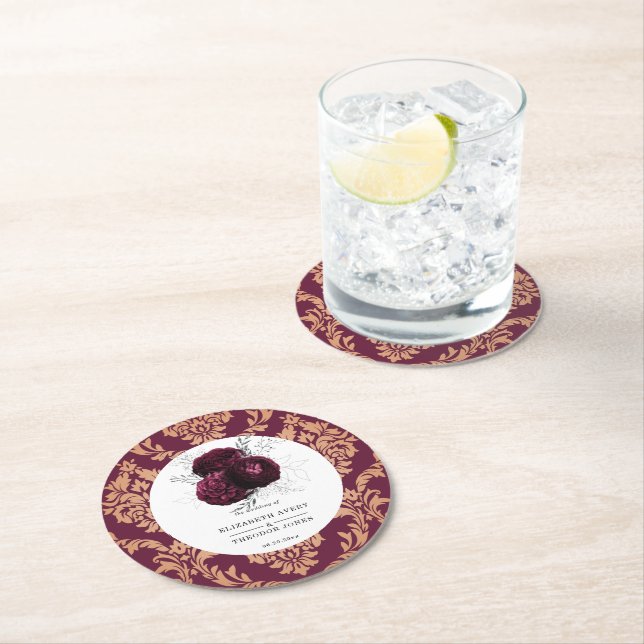Floral Personalized  Wedding Burgundy Napkins Pape Round Paper Coaster (Insitu)