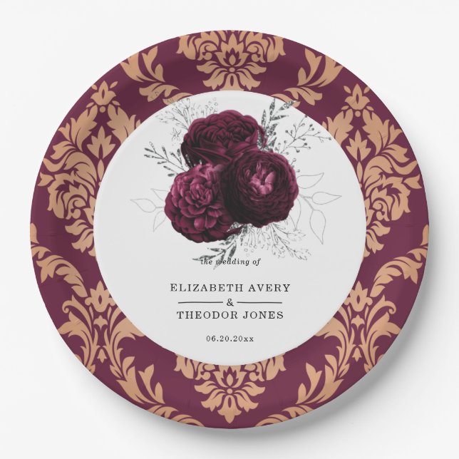 Floral Personalized  Wedding Burgundy Napkins Paper Plates (Front)