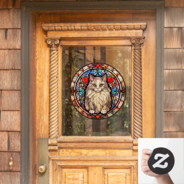 Floral Pet Cat Stare Faux Stained Glass Window Cling (Home Door)