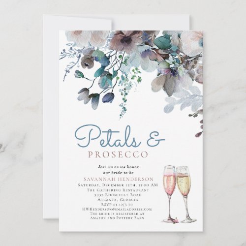 Floral Petals and Prosecco Blue Bridal Shower Invitation