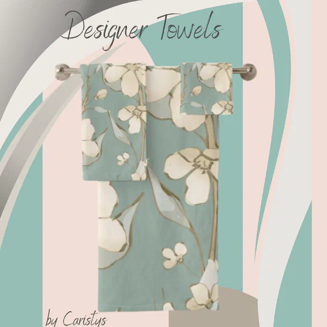 Floral Petals Cream Shades on Muted Slate Blue Bath Towel Set Zazzle
