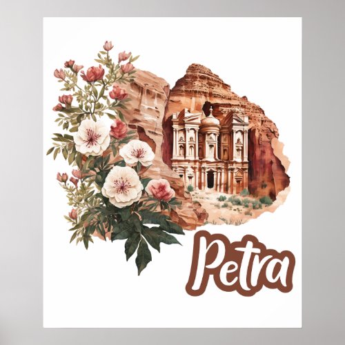 Floral Petra Jordan Vintage Travel  Poster
