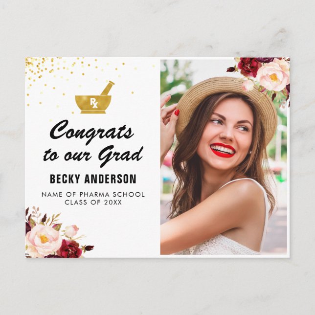 floral pharmacist graduation Announcement Postcard (Front)
