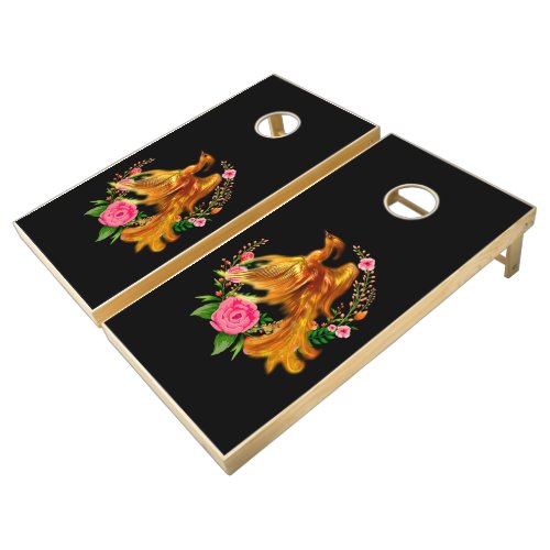 Floral Phoenix Rises From The Fiery Ashes Fantasy Cornhole Set