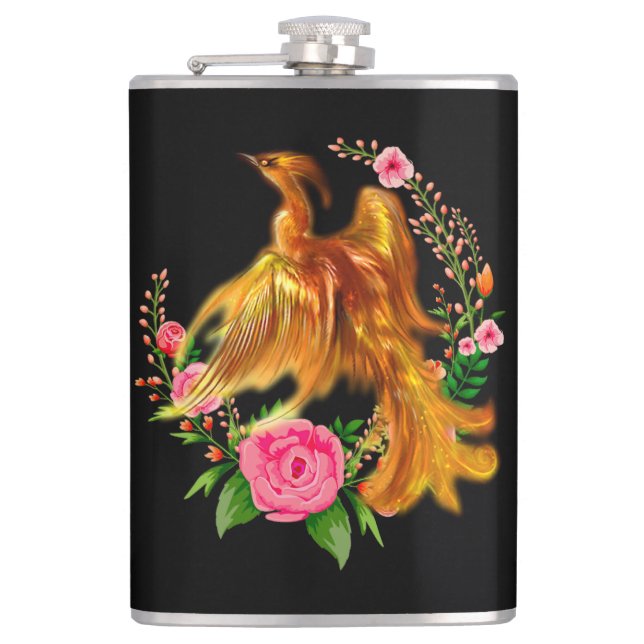 Floral Phoenix Rises From The Fiery Ashes Fantasy Flask (Front)