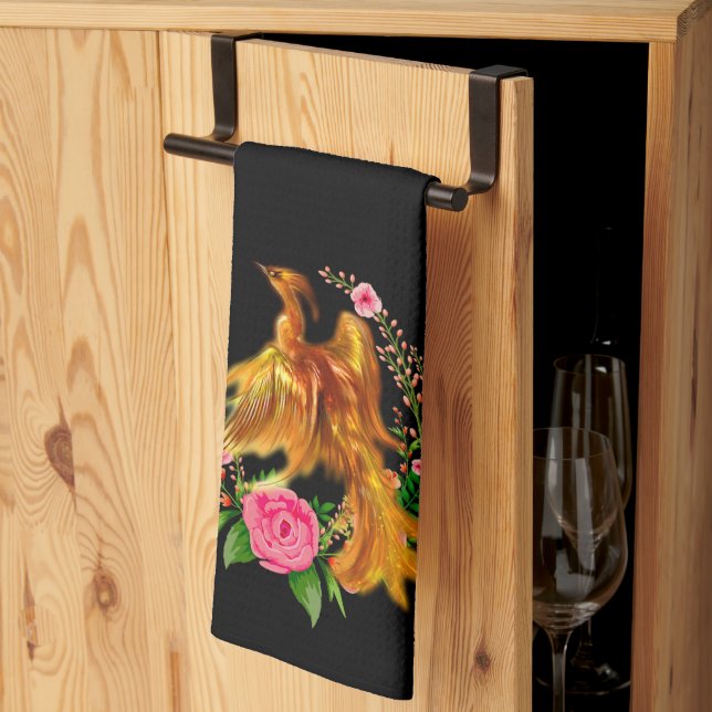 Floral Phoenix Rises From The Fiery Ashes Fantasy  Kitchen Towel (Thirds Fold)