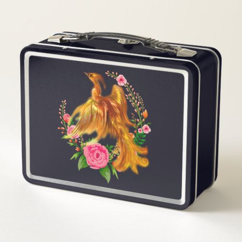 Floral Phoenix Rises From The Fiery Ashes Fantasy  Metal Lunch Box