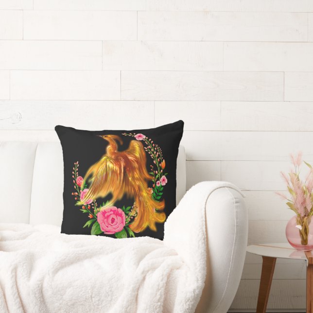 Floral Phoenix Rises From The Fiery Ashes Fantasy  Throw Pillow (Couch)