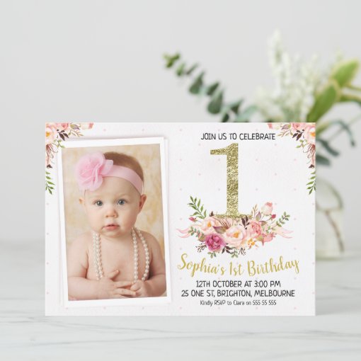 Floral Photo 1st Birthday Party Invitation | Zazzle