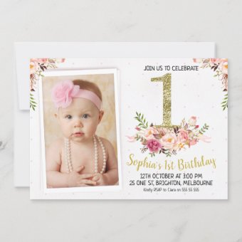 Floral Photo 1st Birthday Party Invitation | Zazzle