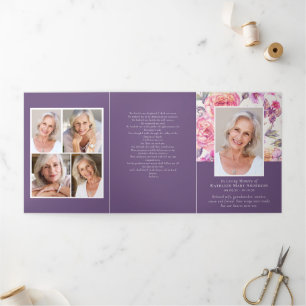 Floral Photo 6-Page Memorial Order of Service Tri-Fold Invitation