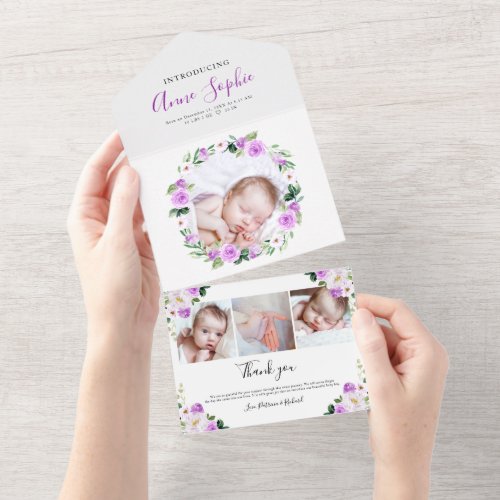 Floral Photo Birth Announcement  Thank You Card