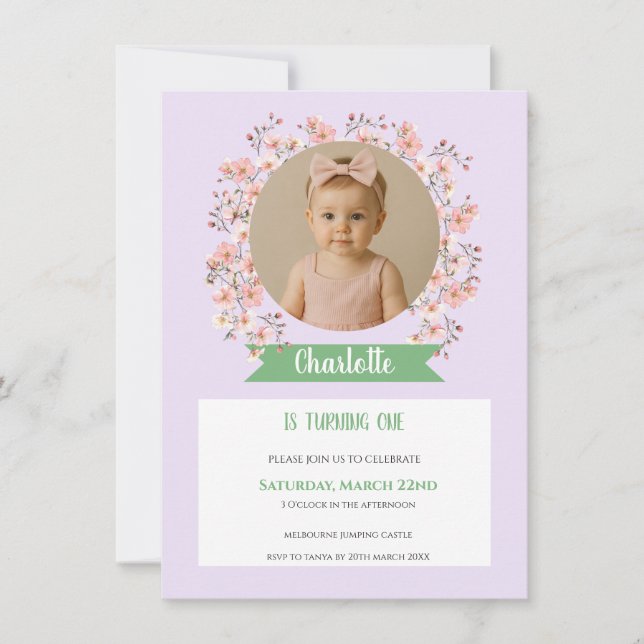 Floral Photo Birthday Invitation for Girl (Front)