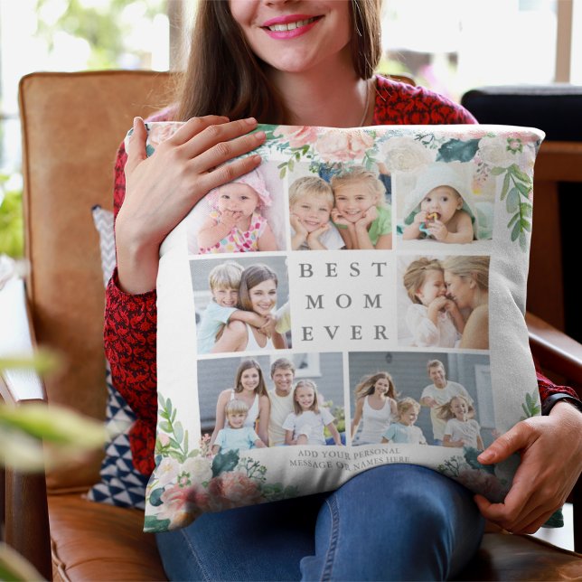 Floral Photo Collage BEST MOM EVER Custom Text Throw Pillow (Creator Uploaded)