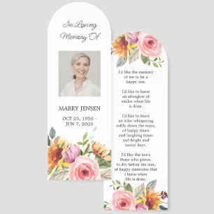 Floral Photo Funeral Memorial Bookmark