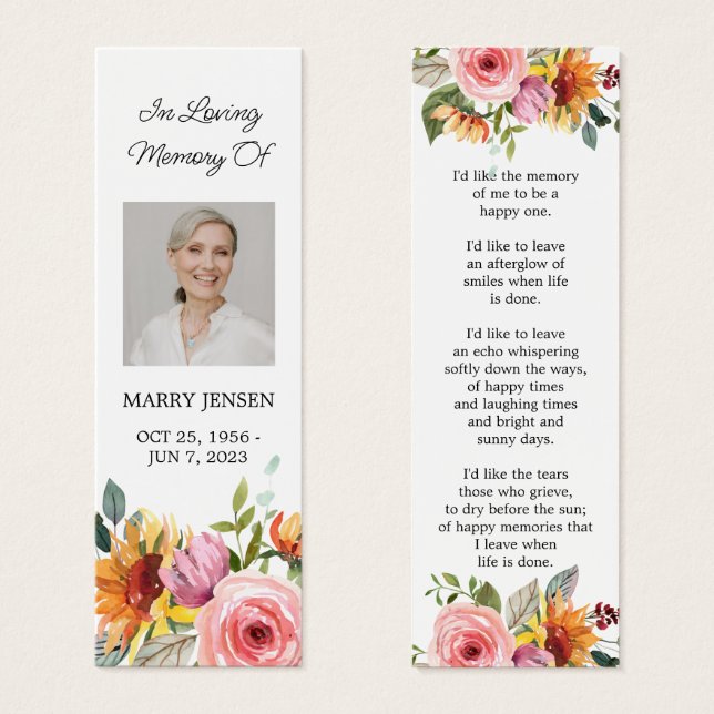 Floral Photo Funeral Memorial Bookmark (Front & Back)