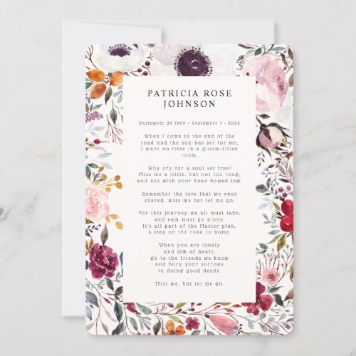 Floral Photo Funeral Memorial Poem Announcement