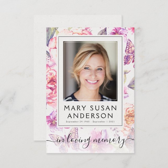 Floral Photo Funeral Memorial Thank You Note Card (Front/Back)