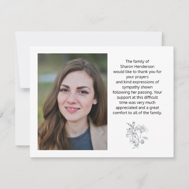 Floral Photo Funeral Thank You Note Card (Front)