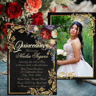 Floral, Photo & Gold Frame - Black Quinceanera  Foil Invitation