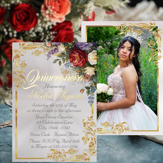 Floral, Photo & Gold Frame - Pearl2 Quinceanera  Foil Invitation (Creator Uploaded)