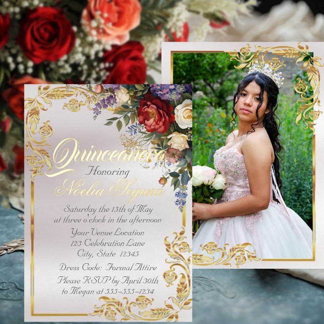 Floral, Photo & Gold Frame - Pearl Quinceanera  Foil Invitation (Creator Uploaded)