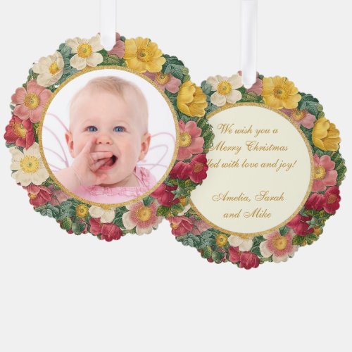 Floral Photo in Rose Wreath Girl Flowers Ornament Card