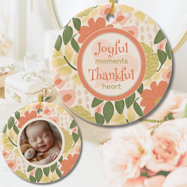 Floral Photo Keepsake Ornament - Joyful Moments  (Joyful Moments Thankful Heart – Personalized Floral Keepsake Ornament)