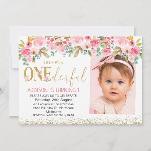 Floral Photo Little Miss Onederful Birthday Invitation | Zazzle