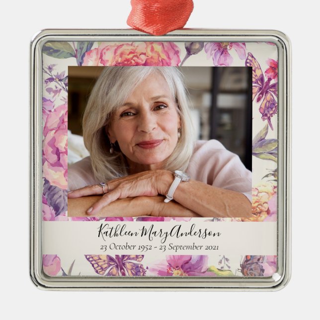 Floral Photo Memorial Keepsake Metal Ornament (Front)