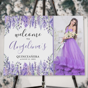 Floral Photo Purple Quinceanera Welcome Sign