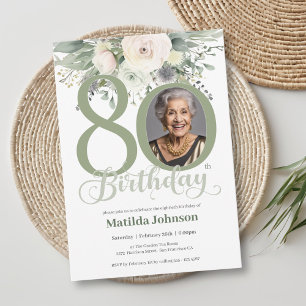 Floral Photo Sage 80th Birthday  Invitation