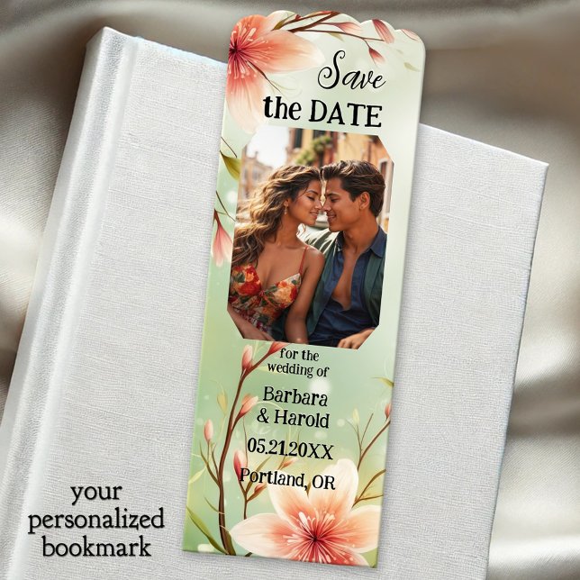 Floral Photo Save the Date Bookmarks (Save the Date bookmark featuring your custom photos on an elegant floral design - wedding - bridal)