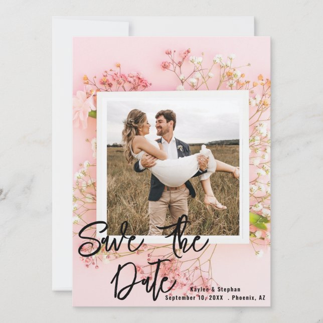 Floral Photo Save The Dates - Pink & Elegant! Date (Front)