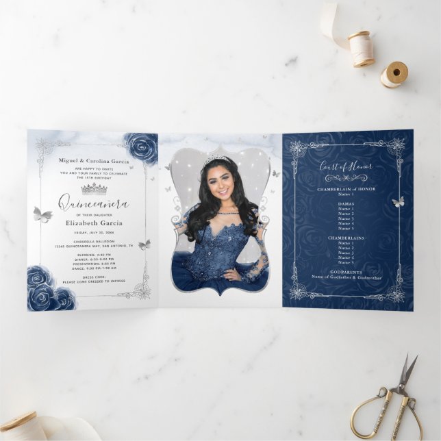 Floral Photo Silver and Navy Blue Quinceanera Tri-Fold Invitation (Inside)
