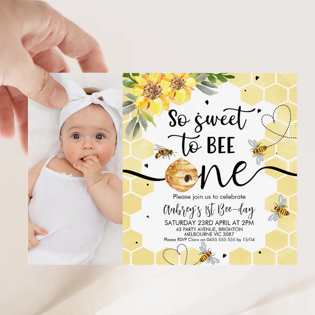 Floral Photo So Sweet To Bee One 1st Birthday Invitation | Zazzle