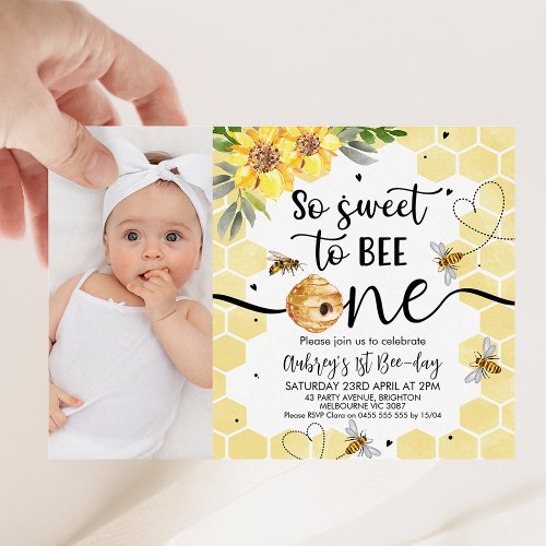 Floral Photo So Sweet To Bee One 1st Birthday Invitation