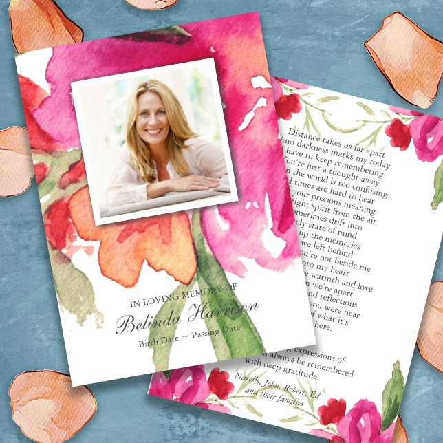 Floral Photo Sympathy Funeral Prayer Card (Prayer card for a funeral, watercolor pink, sympathy floral photo funeral prayer card)
